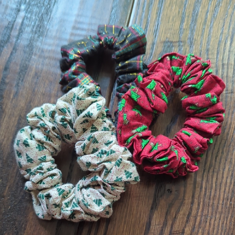Set of 3 Festive Holiday Christmas Scrunchies Set - Red, Green, and Cream